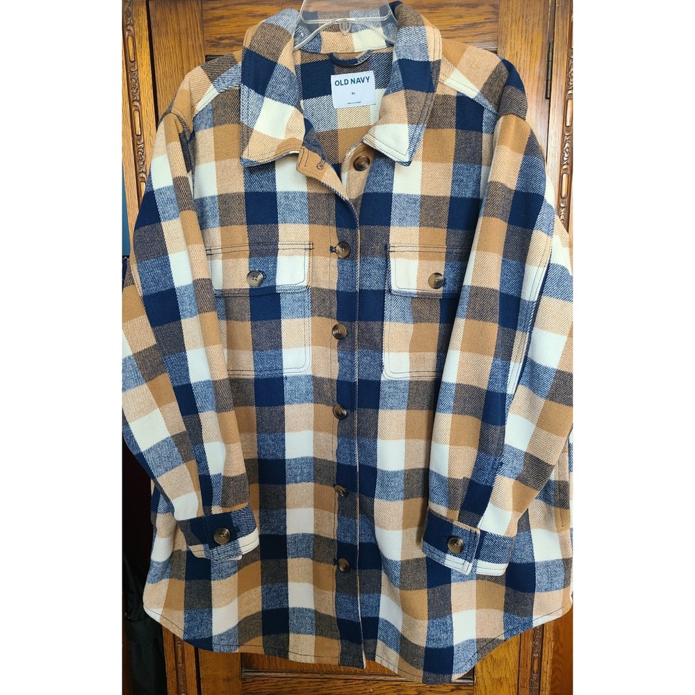 Old Navy Blue Tan Plaid Wool Blend Shacket Button Front Shirt Jacket XL 413798